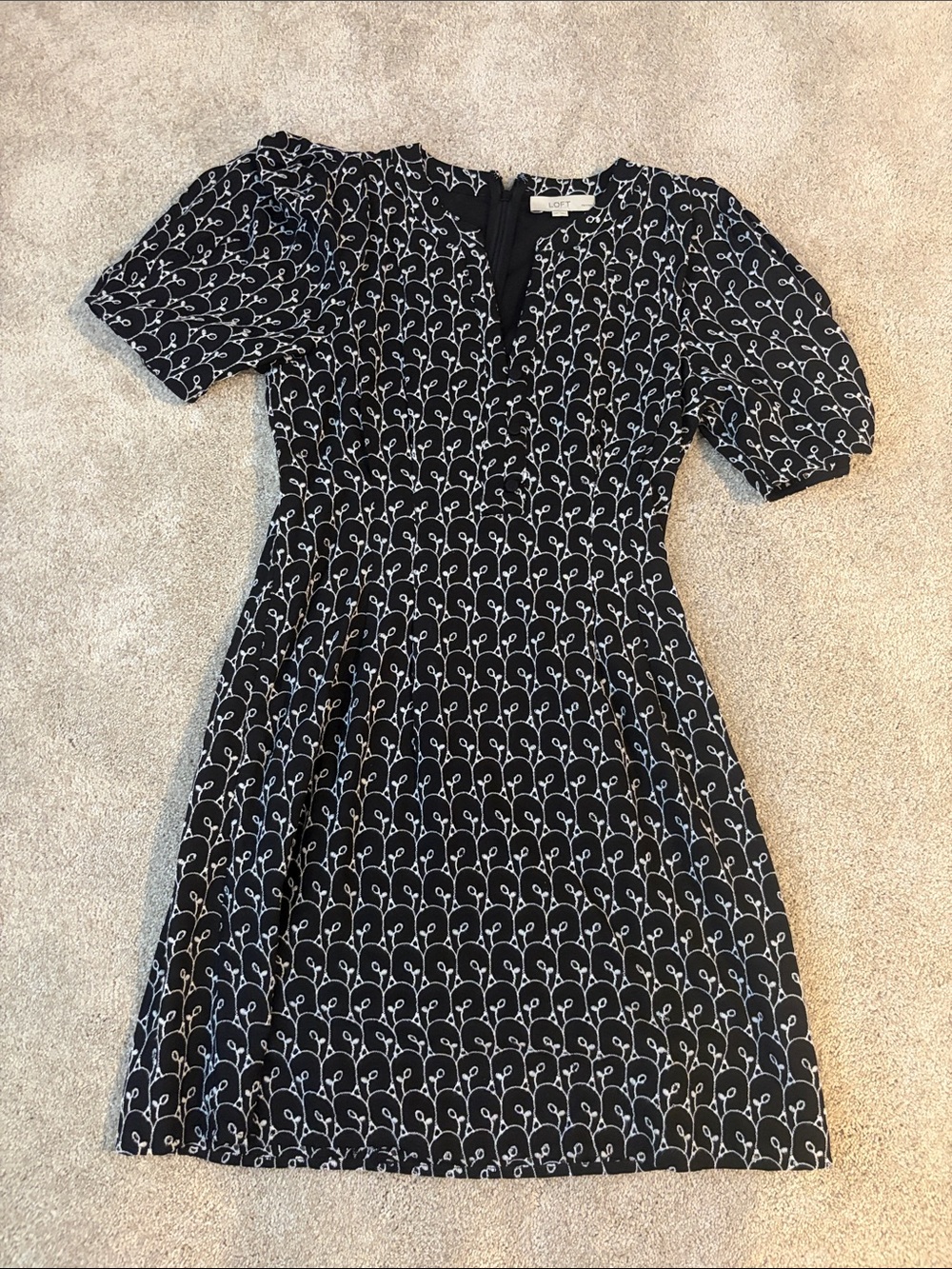 LOFT Black and White Scallop-Print Fit & Flare Dress